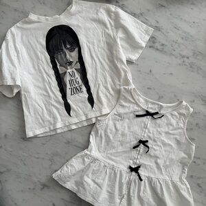 Fun B&W Lot 2 Tops Girls White Peplum Tank w/ Black Bows + Wednesday Addams Tee